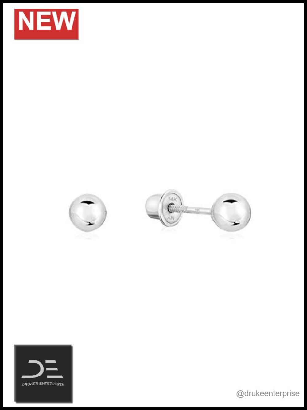 14k White Gold Ball Stud Earrings Screw-Backs Lightweight